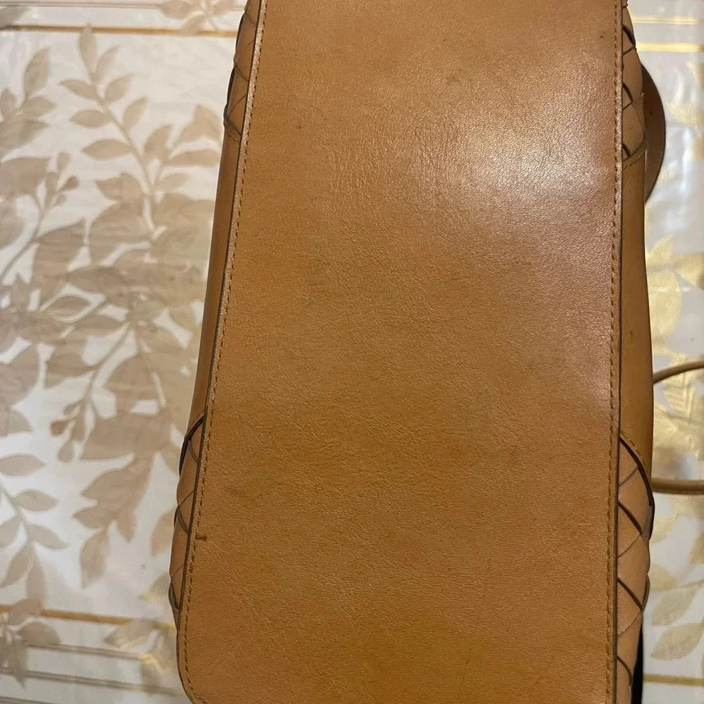 Tan Leather Drawstring Bucket Bag - Women's Shoulder Purse - Picture 3 of 10